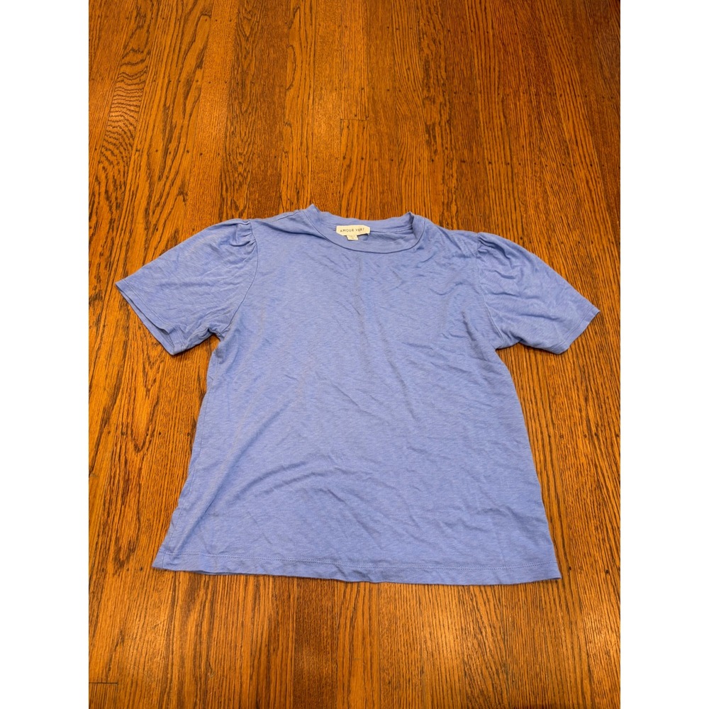 Amour Vert Periwinkle Blue Puff Sleeve Organic Cotton Modal Tee Shirt Medium